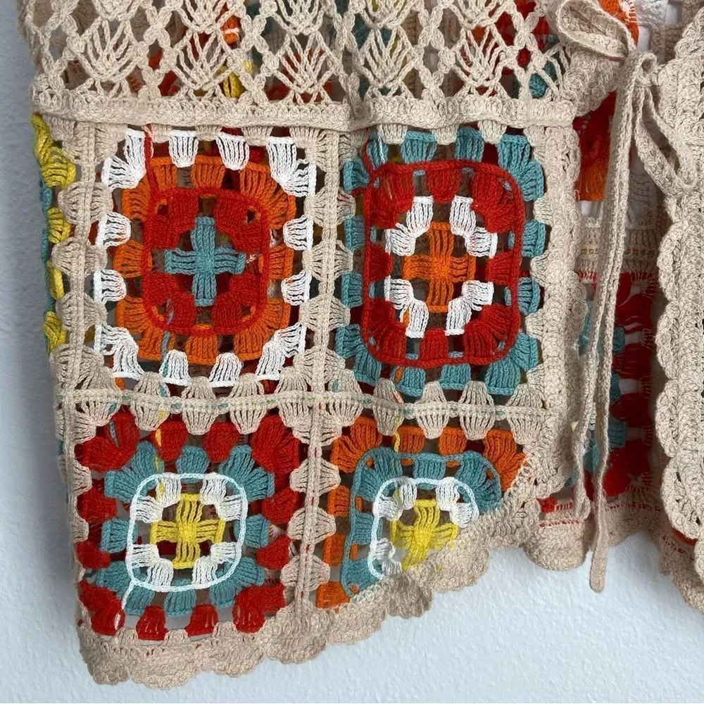 Cato Tan Floral Crochet Vest Women’s Plus Sz 18/20 Granny Square Hippie 70’s - Picture 7 of 12